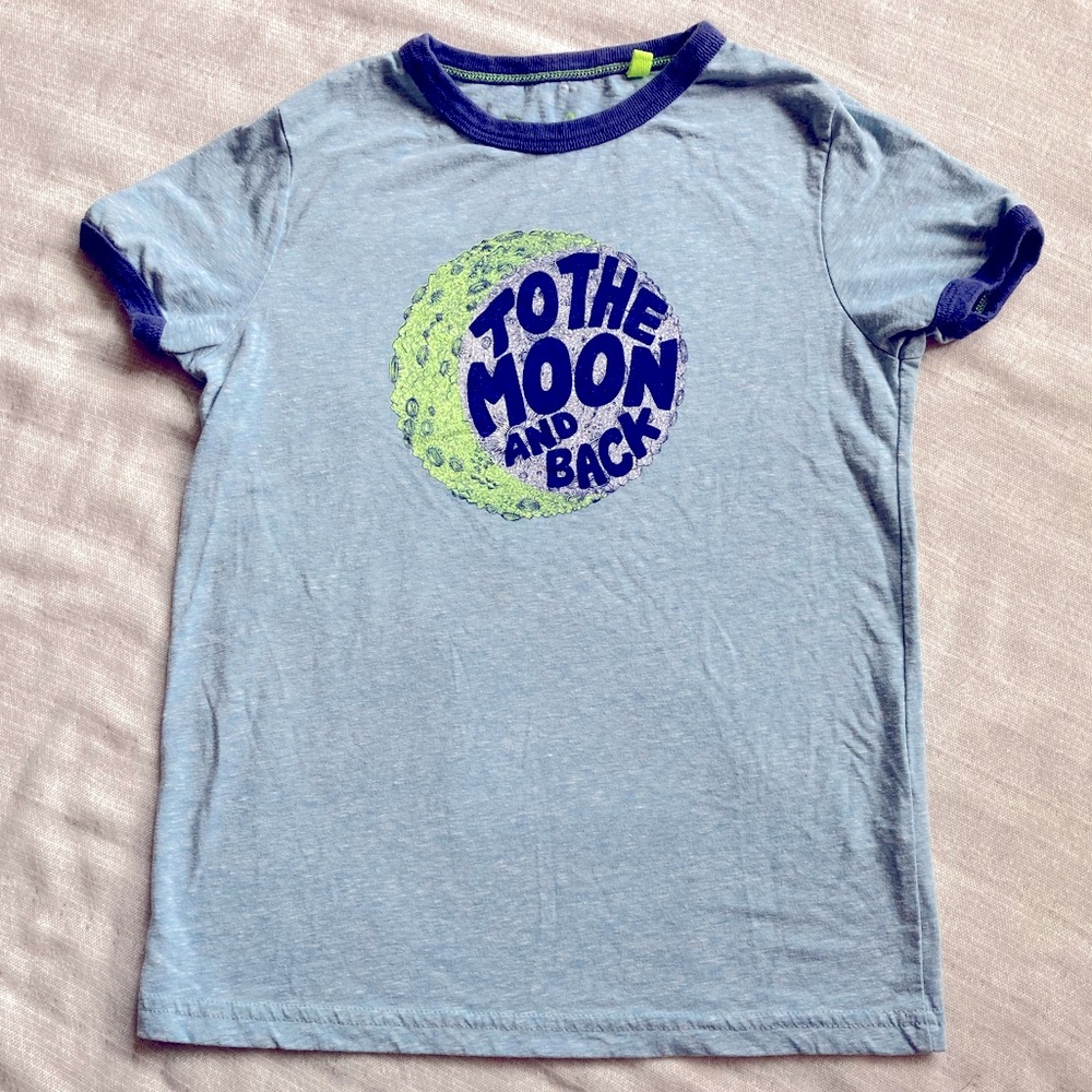 Mini Boden Outer Space Moon Nature, Blue Tee Shirt, Boy Girl Unisex, 7/8